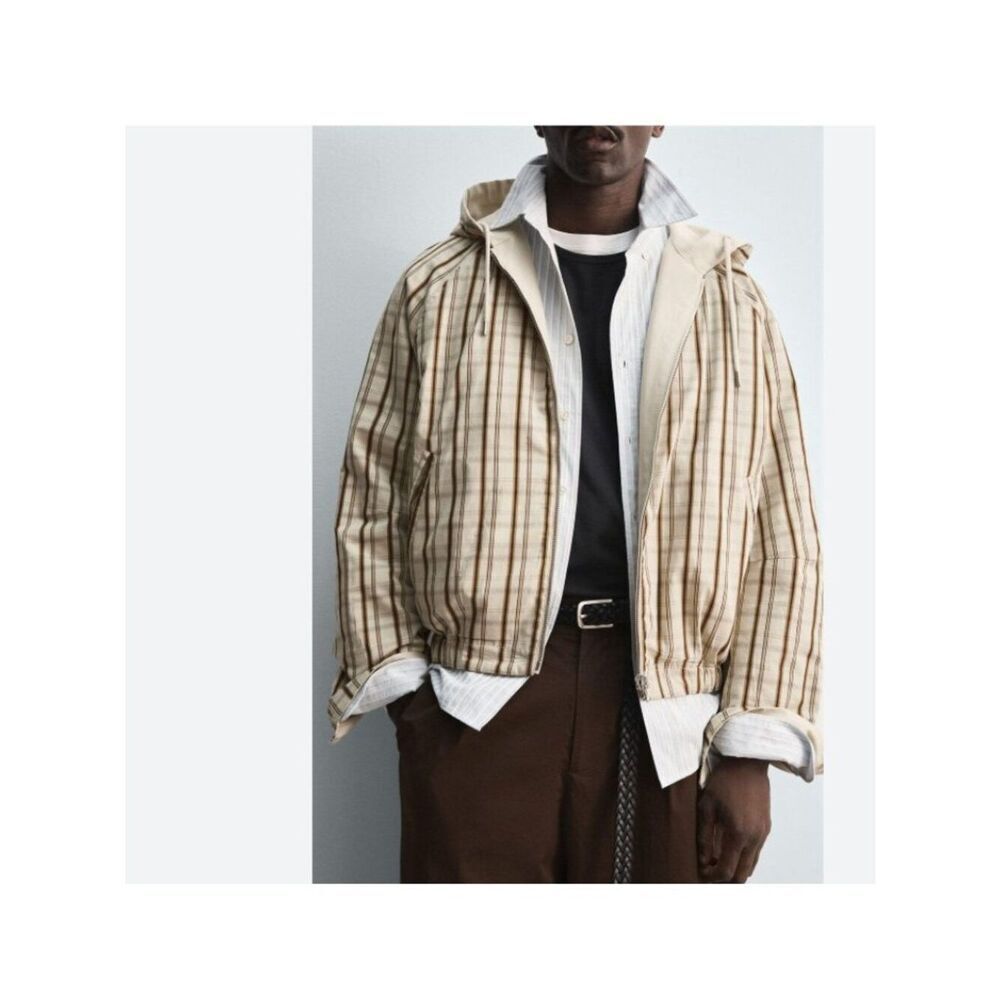 ZARA Man Edition AW'25 Reversible Hooded Jacket Size M Beige Plaid 5851/320 NWOT